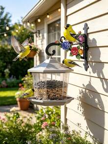 Colorful Goldfinch & Floral Decorative Wall Mount Plant Bracket, Wrought Iron Hanging Flower Pot Hook, Heavy Duty Anti-Rust Hanger For Hanging Basket, Bird Feeder, Wind Chime, Lantern, Outdoor Patio Yard Porch Garden Wall Art Decor - Yellow Bird Flowers - View 8