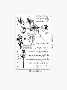 1 Sheet Men's Mixed Black Line Temporary Tattoo Stickers, Butterfly Rose Bow Kitten Inspirational Cursive Quote Waterproof Small Body Stickers For Wrist Finger Neck Rib Decor - Black - View 6