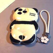 1件 3D 全身趴臥熊貓矽膠手機殼，適用於 iPhone 17 16 15 14 13，可愛「Happy Panda」印花，可拆卸白色編織腕帶附花朵吊飾，厚實柔軟 3D 卡通防震保護殼，適合女孩與青少年 - 黑與白 - 查看 4
