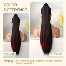 24 Inch Claw Clip Ponytail Extension For Women High Heat Resistant With Mix Highlights Pony Tails Hair Extensions Synthetic Wigs In Black Gradient, Burgundy T Are Available In Multiple Colors Festivals, Halloween, Christmas, Dates, And Gatherings - Multicolor - View 6