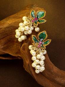 1 Pair French Vintage Enamel Green Leaf Pearl Grape Tassel Earrings, Luxury Colorful Rhinestone Long Dangle Earrings, European Court Style Banquet Dress Accessory - Multicolor - View 9