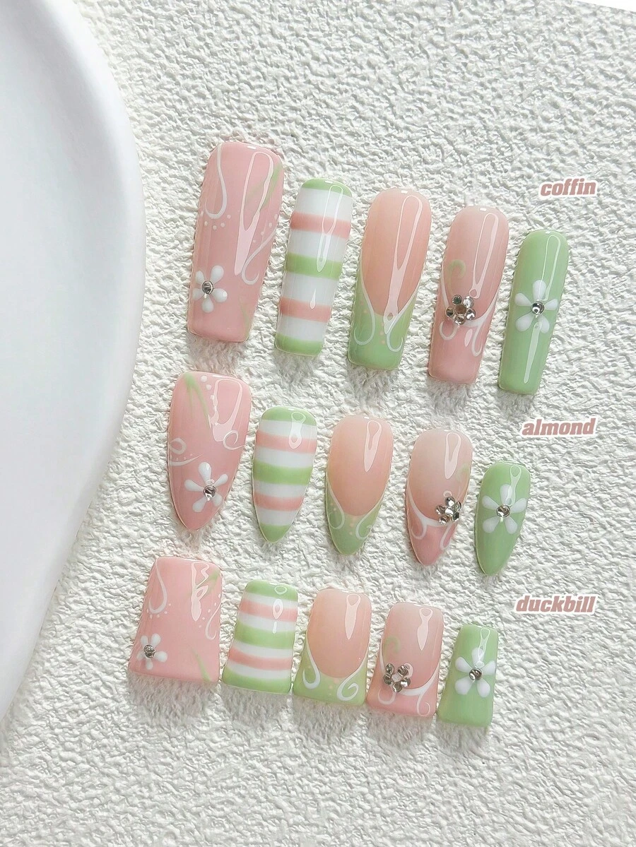 10片清新風手工穿戴甲,Polygel美甲套組,線條藝術與手繪花卉,綠色、粉色、白色指甲油,極簡風格,含美甲工具,3種尺寸可選,杏仁形、鴨嘴形、棺材形,適合派對、跳舞、日常配戴 - 彩色 - 查看 1