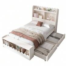 Children's Bed, Single Bed, Storage Bed With Drawers, Shelf And Bench With Storage Space, Wooden Bed 90x190 Cm - White - View 5