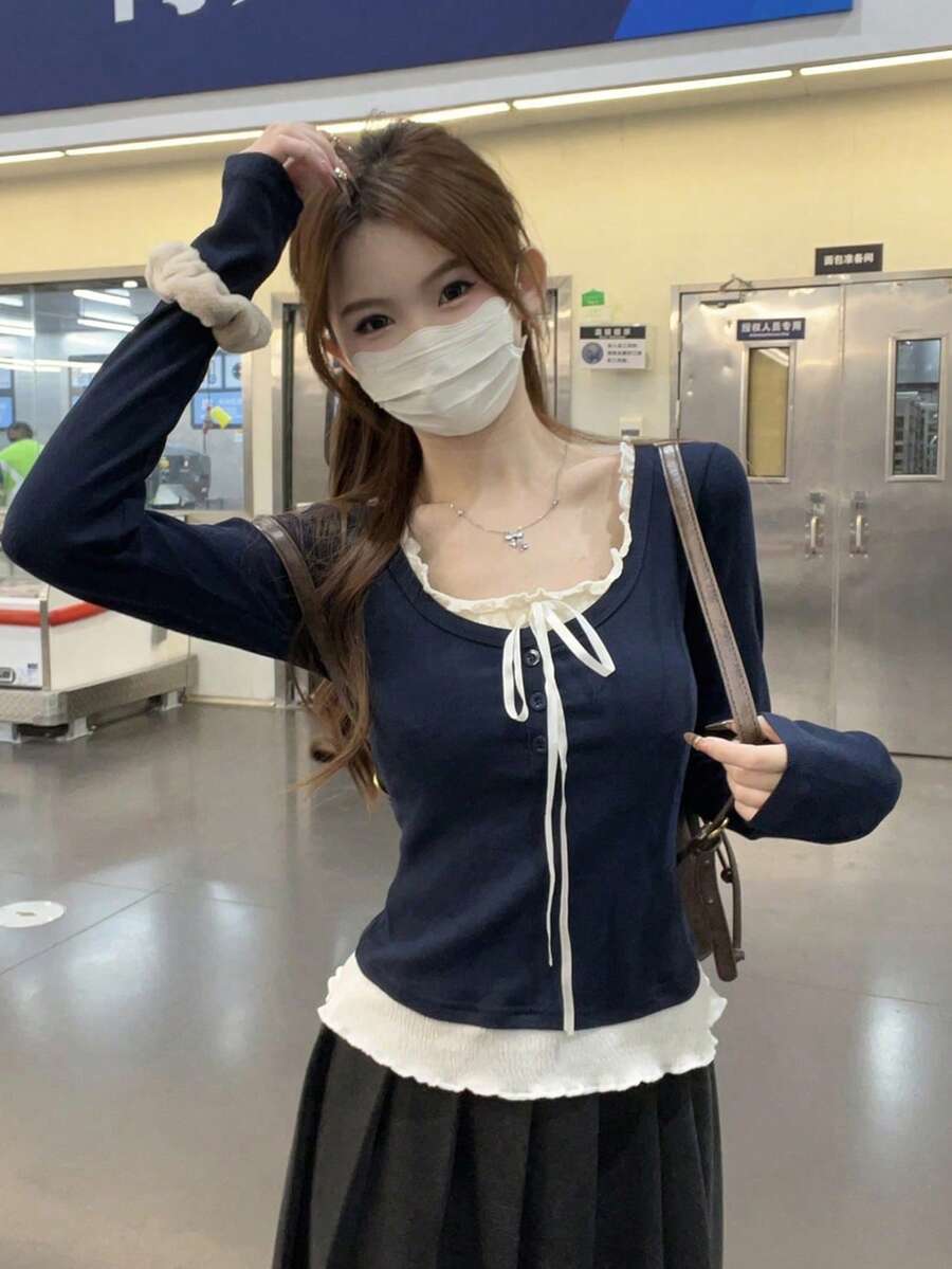 女款初秋配色拼接 2 合 1 設計長袖內搭 T 恤上衣 - 藏蓝色 - 查看 1