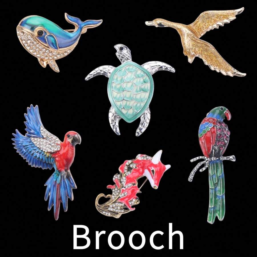 1/6 Spilla vintage con goccia d'olio e strass a forma di animali: balena, tartaruga, cigno, pappagallo, volpe, accessorio per abito e cappotto, regalo - stile - Visualizzare 1