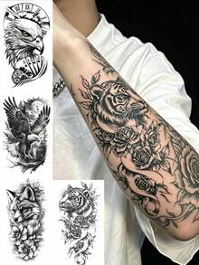 4件組描臨時紋身貼紙，老虎、狐狸、動物、花卉、時鐘、撲克牌手臂套假紋身，男士逼真黑灰色動物臨時紋身，狐狸與老虎全臂防水紋身貼紙 - 萬聖節 - 查看 2