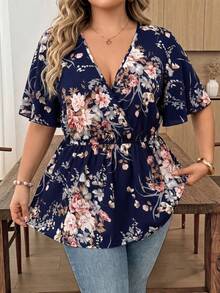 Plus Size Women's Cinched Waist Navy Blue Floral Print V-Neck Short Sleeve Top, Suitable For Casual Daily Wear Vacation Summer - Multicolor - View 5