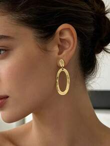 1 Pair Gold Oval Pendant Earrings, Minimalist Geometric Design Women's Jewelry, Suitable For Party, Travel And Daily Wear - Gold - View 3