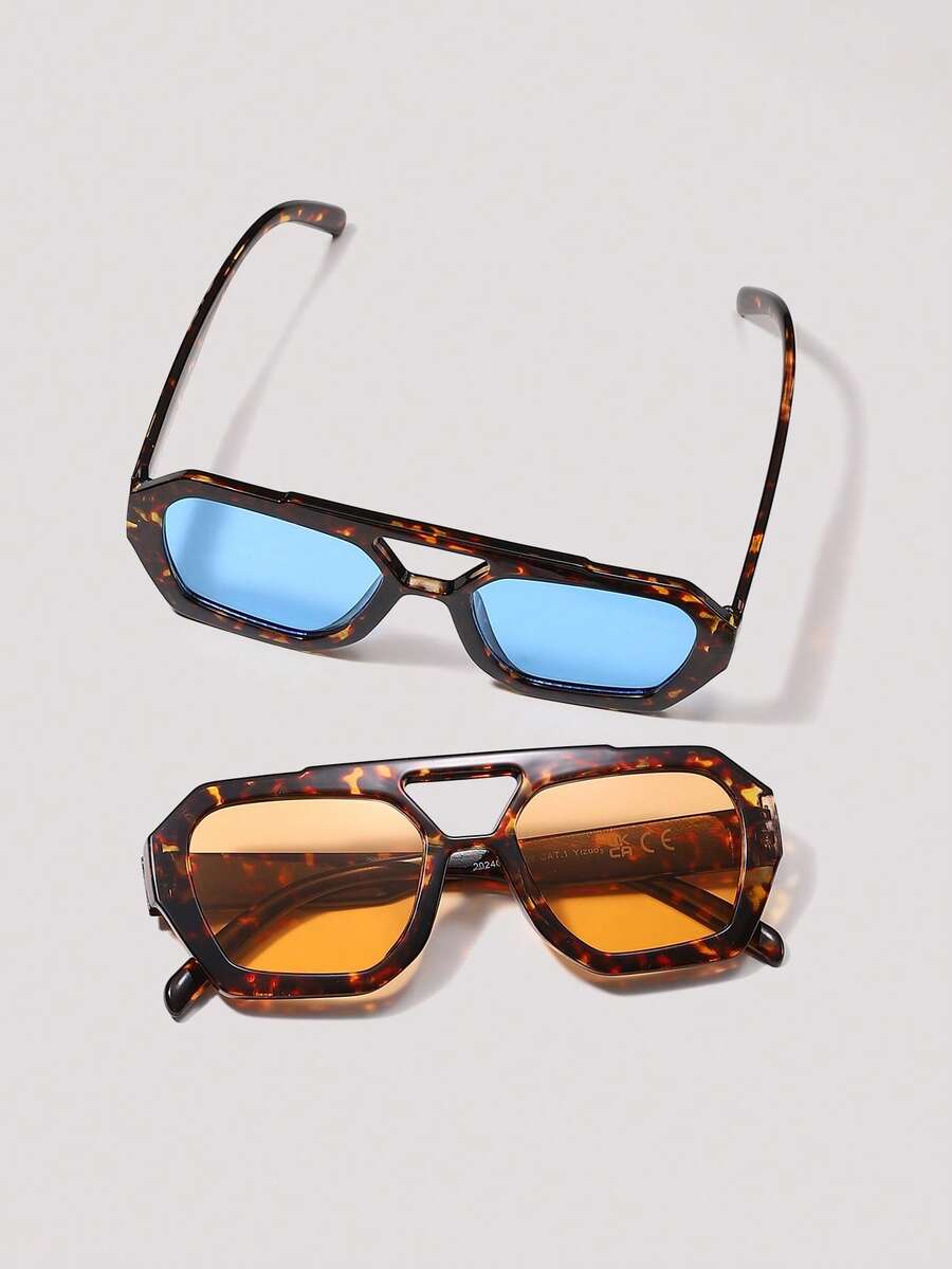 Visivana 2Pairs Women's Retro Aviator Full Frame Multi-Color Tortoiseshell Glasses, Bohemian Fashion Beach Party Cosplay Accessories Elegant Modern Back-To-School Accessories - Color - View 1