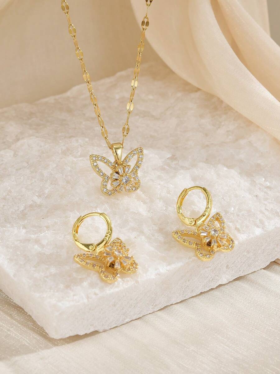 1 Peça Colar Feminino de Aço Inoxidável com Borboleta Oca e Zircônia Cintilante, 1 Par de Brincos Femininos de Aço Inoxidável com Borboleta Oca e Strass Cintilante, Colar Dourado, Joias de Aço Inoxidável, Joias Douradas, Verão, Praia, Joias de Férias, Charme, Orgulho, Joias Ocidentais, Presente para Mulheres, Presente, Presente de Aniversário - Ouro amarelo - Visão 1