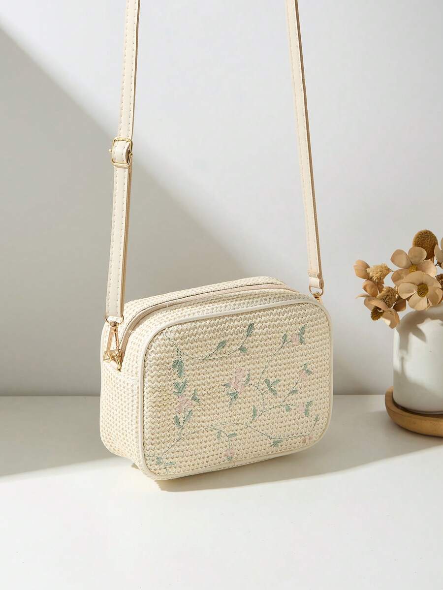 Fashion Fabric Women's Shoulder Crossbody Bag, Multi-Color Floral Small Square Bag - Beige - View 1