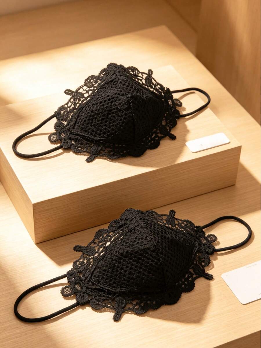 2件組女款優雅蕾絲面罩－透氣可水洗刺繡款－適合夏季外出、開車與派對