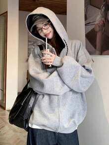 Sweatshirt Lengan Panjang Longgar dengan Resleting untuk Wanita, Jaket Sweatshirt Berkerudung dengan Desain Colorblock Kasual dan Serbaguna - Grey - View 3