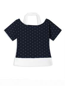 Kaos Wanita Lengan Pendek Musim Panas Terbaru dengan Leher Halter Patchwork dan Atasan Polkadot, Potongan Acak - Navy Blue - View 8
