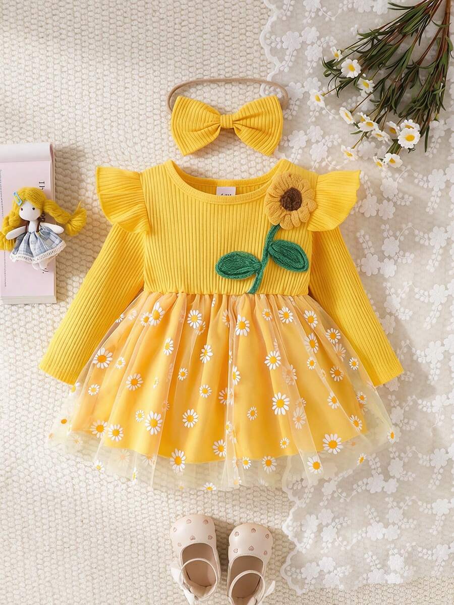 Baby Girl Pastoral Sunflower & Daisy Theme 2-Piece Set, Fresh Yellow Ribbed Ruffle Top With Daisy Print Mesh Tutu Dress + Matching Bow Hair Accessory - Yellow - View 1