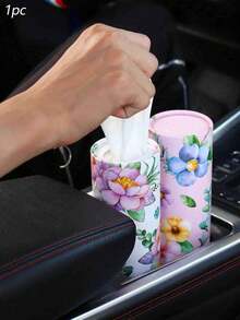 1 Pc Floral Car Tissue Box - Fits Round Cup Holder, Home And Travel Use, Includes Extra 50 Tissues - Small Flower Style a - View 1