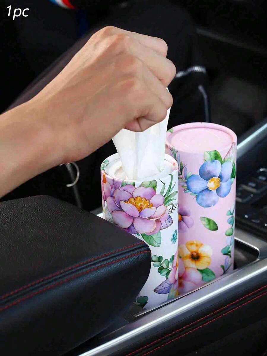 1 Pc Floral Car Tissue Box - Fits Round Cup Holder, Home And Travel Use, Includes Extra 50 Tissues - Small Flower Style a - View 1