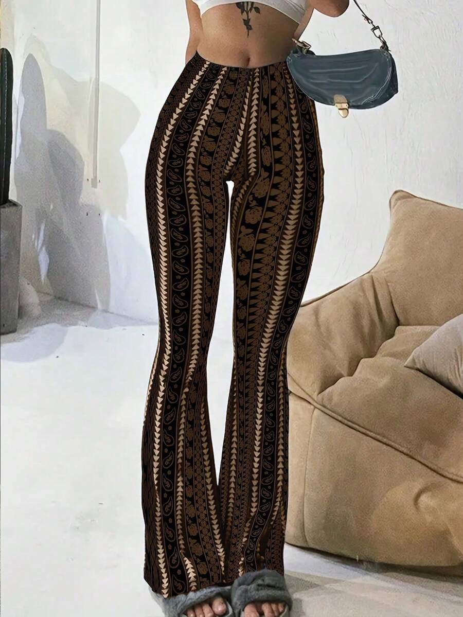女款性感幾何印花休閒緊身褲 - 咖啡棕 - 查看 1