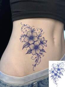 1 Pc Blue Flower Temporary Tattoo Stickers Waterproof Floral Fake Tattoos For Women Girls Elegant Body Art Decoration - Blue - View 1