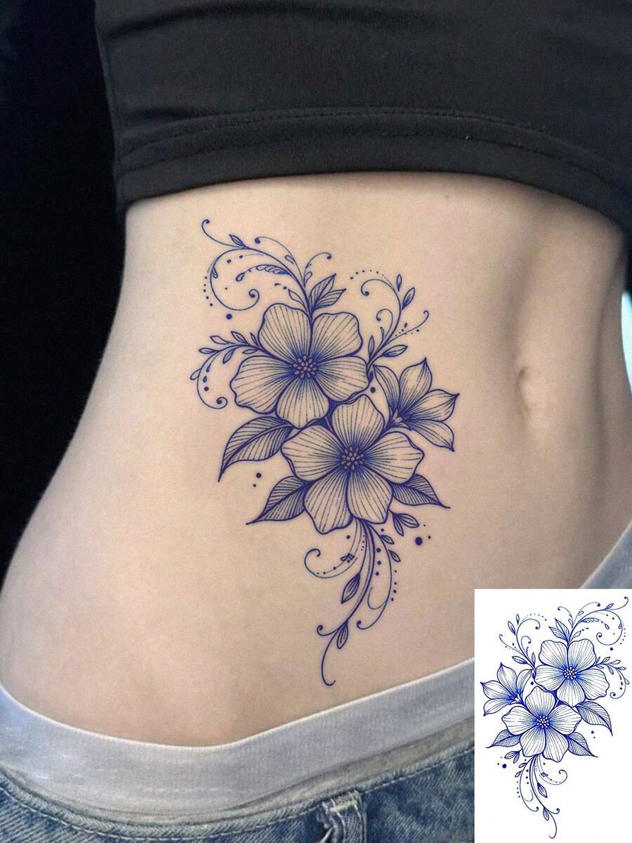 1 Pc Blue Flower Temporary Tattoo Stickers Waterproof Floral Fake Tattoos For Women Girls Elegant Body Art Decoration - Blue - View 1