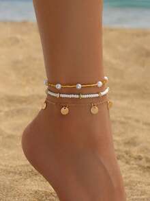 3pcs/Set Bohemian Style Beaded Round Disc Tassel Pendant Anklet Beaded Foot Chain Set - Gold - View 5