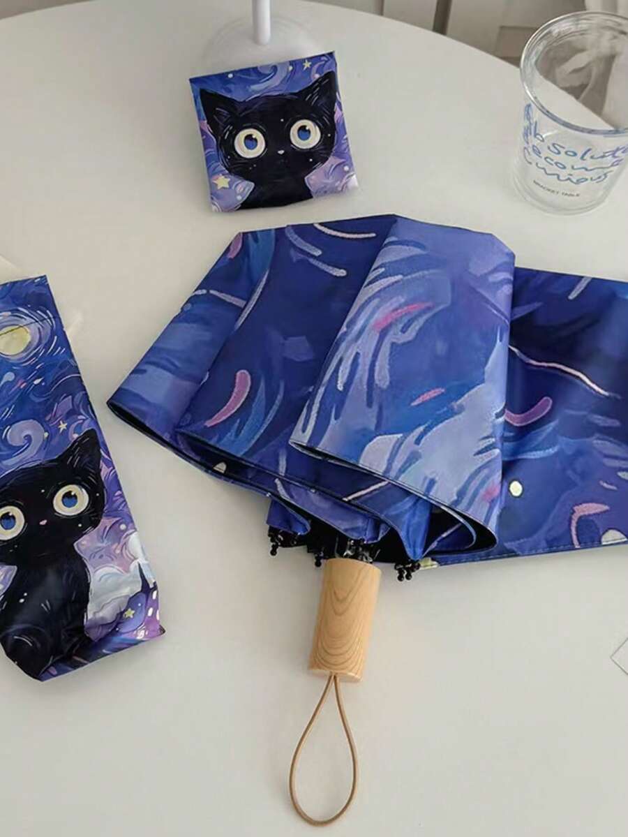 Van Gogh Cat Minimalist Fashion Black Vinyl UV Protection Sun Umbrella, Suitable For Outdoor Travel, All-Weather Use - Van Gogh Cat Manual - View 1
