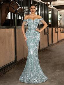 LUVISTRUE Women's Elegant Off-Shoulder Sequin Beaded Formal Evening Gown, Backless Mermaid Tail Fitted Long Dress, Suitable For Prom, Wedding Guest, Spring/Summer Cocktail Party, Grand Gala - Mint Blue - View 5