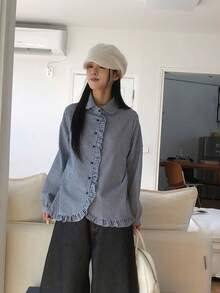 Blus Lengan Panjang Kerah Peter Pan Berkerut Motif Kotak-kotak Jepang Vintage Manis Gaya Korea untuk Wanita - biru laut - View 9