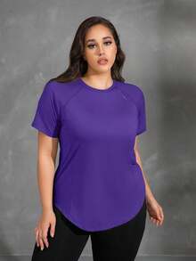 Plus Size Women Purple Raglan Sleeve Short Fitness Top Summer Sports - Violet Purple - View 3