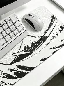 Black White Ukiyo-E Wave Print Extra Large Gaming Mouse Pad, Waterproof Smooth Surface Non Slip Rubber Desk Keyboard Mat For PC Gamer Office Bedroom Table Decor - Multicolor - View 2