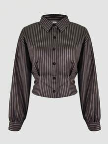 Kemeja Crop Bergaris Cokelat Poliester Modis untuk Wanita Jisfaneya, Atasan Berkerah Lengan Panjang dengan Bahu Longgar dan Kancing Depan, Sempurna untuk Musim Gugur - Coffee Brown - View 5