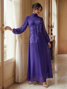 Savoree Women's Floral Applique Turtleneck Elegant Long Sleeve Dress - Purple - View 4