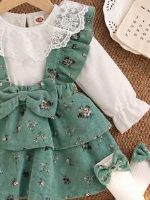 Setelan 2 Potong Gaya Pastoral Musim Semi/Gugur untuk Bayi Perempuan, Bodysuit Kerah Renda Bergaris Warna Polos & Gaun Terusan Berenda Motif Bunga dari Korduroi, Rok Berlapis-lapis, Kaos Kaki Pita yang Serasi, Cocok untuk Acara Luar Ruangan, Pakaian Kasual Liburan - Hijau - View 3