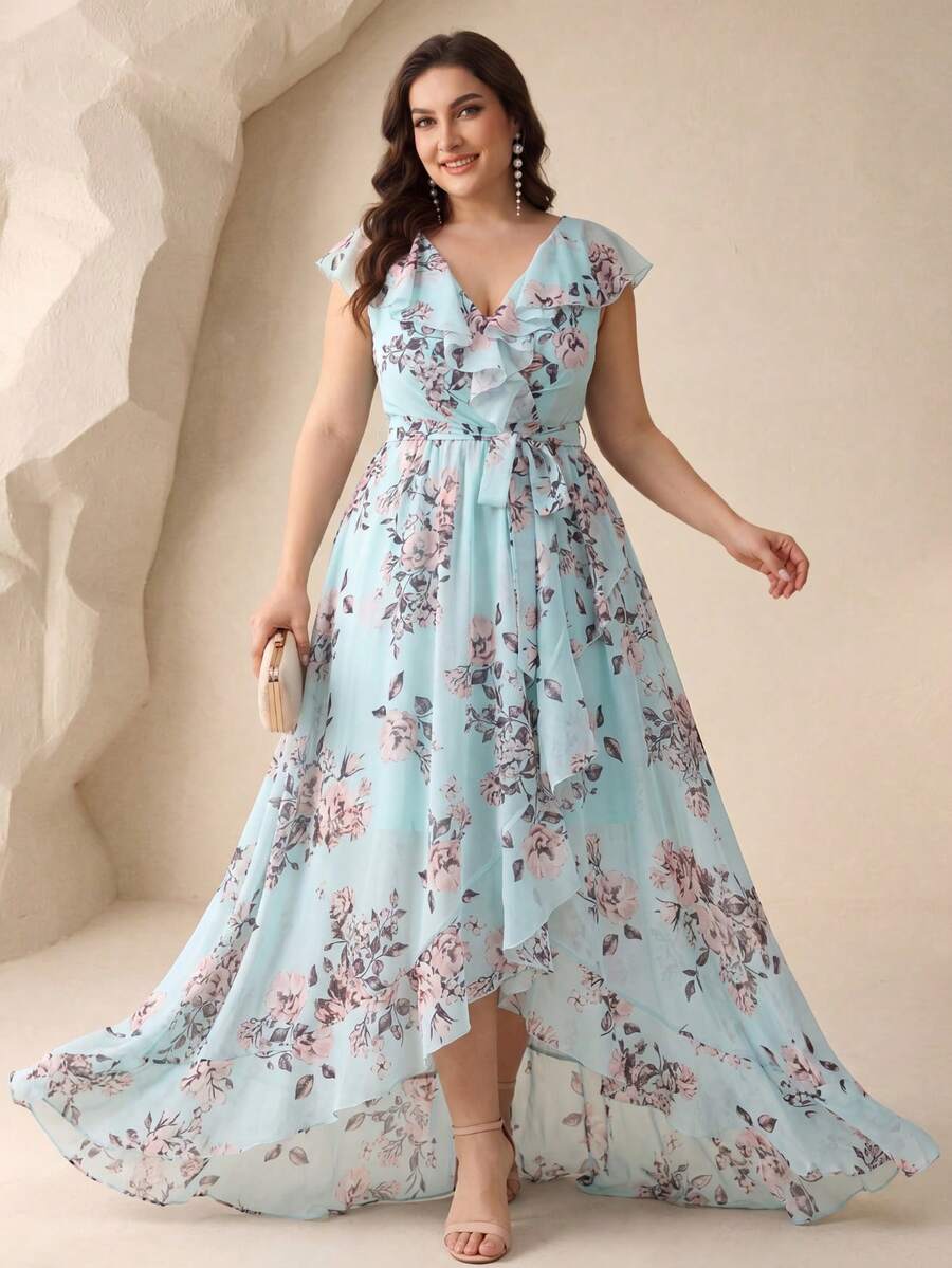 UNITHORSE Non-Positioning Flower V-Neck Ruffle Collar Detachable Tie Asymmetrical Ruffle Hem Printed Bridesmaid Dress - Baby Blue - View 1