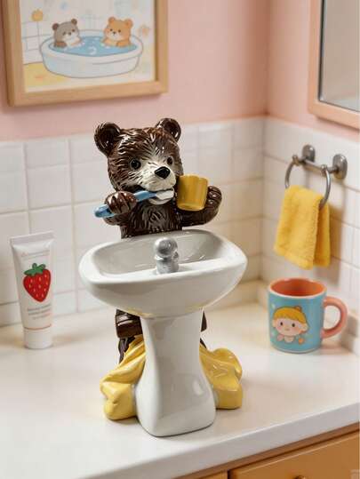 1pc Brown Bear Brushing Teeth Figurine With Mini Base Sink, Funny Resin Bear Statue Bathroom Washbasin Desktop Decor, Novelty Home Decor Craft, Unique Housewarming Or Birthday Gift, Suitable For Bathroom Decoration
