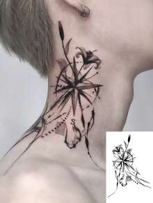 1 Pc Men's Black Stippled Temporary Tattoo Stickers, Abstract Compass Rose With Lily Floral Dot Line Art Pattern Waterproof Sweatproof Wanderlust Body Stickers For Arm Thigh Travel Decor - Black - View 1