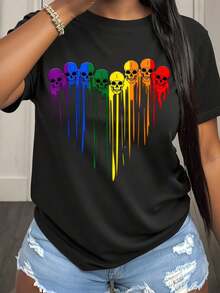 Camiseta de regalo para mujer, casual, de corte holgado, con estampado gráfico de calavera arcoíris, para uso diario, fiestas y festivales. - Negro - Ver 1