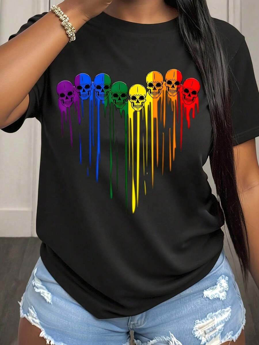Camiseta de regalo para mujer, casual, de corte holgado, con estampado gráfico de calavera arcoíris, para uso diario, fiestas y festivales. - Negro - Ver 1