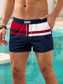 Mercer Haus Nautical Prep Vibes | Men's Red White Navy Color Block Swim Trunks - Multicolor - View 1