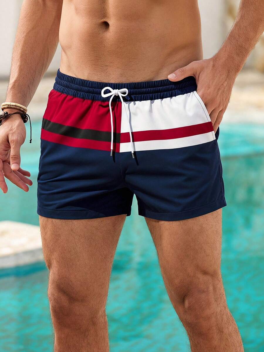 Mercer Haus Nautical Prep Vibes | Men's Red White Navy Color Block Swim Trunks - Multicolor - View 1