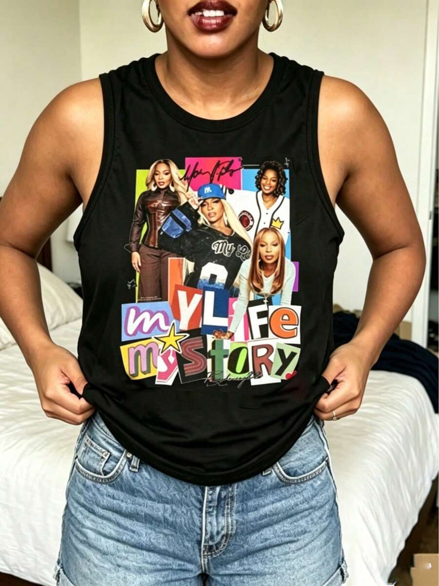 Mary J Blige Graphic Tank Tops Women, Y2K Summer Sleeveless Tops, Music Festival Going Out Crop Tops, Casual Streetwear - 黑色7 - 查看 1