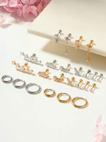 TOKRING 12pcs Women's Stainless Steel Gold Cartilage Earring Set, Flat Back Spiral Earrings, Cartilage Earring Set Suitable For Daith, Tragus, Conch, Flat Back Earrings - Earring Set - View 2