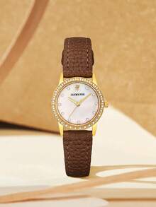 LUCKYFOX 1pc Boxed Teen Boys Girls Student Rhinestone Gold-Trim Mother Of Pearl Dial Black Leather Strap Quartz Watch, Suitable For Daily Wear, Holiday Gift, Halloween, Christmas Gift - Brown - View 5