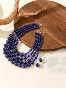 Exaggerated Multi-Layer Catkin Handmade Beaded Faux Pearl Necklace, Vintage Boho Style Necklace, Earrings, Suitable For Casual, Friends, Parties - Royal Blue - View 5