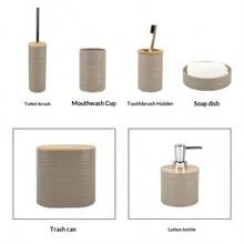7/6/4/1pc Premium Hazel Brown Horizontal Stripe Bathroom Accessories Set, Modern Luxury Travel Bathroom Accessories Set, Minimalist Solid Color Bathroom Toiletries Set - Reusable, Easy To Clean, Waterproof And Rust-Proof, Includes Toothbrush Holder, Lotion Bottle, Mouthwash Cup, Toilet Brush, Toilet Brush Holder, Soap Dish, Trash Can, Suitable For Bathroom, Living Room, Kitchen Countertop Decoration - Multicolor - View 4
