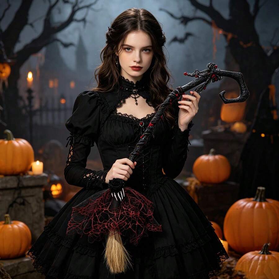 Halloween Witch Broom Gothic Roses Skeleton Hand Witch Broomstick Masquerade Party Favor Booth Accessories - Black - View 1