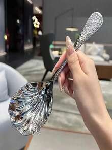 1pc/2pcs High Quality Multi-Functional Stainless Steel Hammered Shell Spoon, Portable Home Hotel Buffet Serving Spoon, Food Serving Spoon, Long Handle Large Public Spoon, Soup Spoon, Service Spoon, Creative Gift Suitable For Kitchen, Restaurant, Camping And Picnic Use - View 2