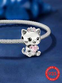 1pc 925 Sterling Silver Cat Hugging Heart Bead, Suitable For Bracelet, Bangle DIY Jewelry Making And Daily Decoration, Women & Girls Jewelry Accessory - Style 7 - View 1