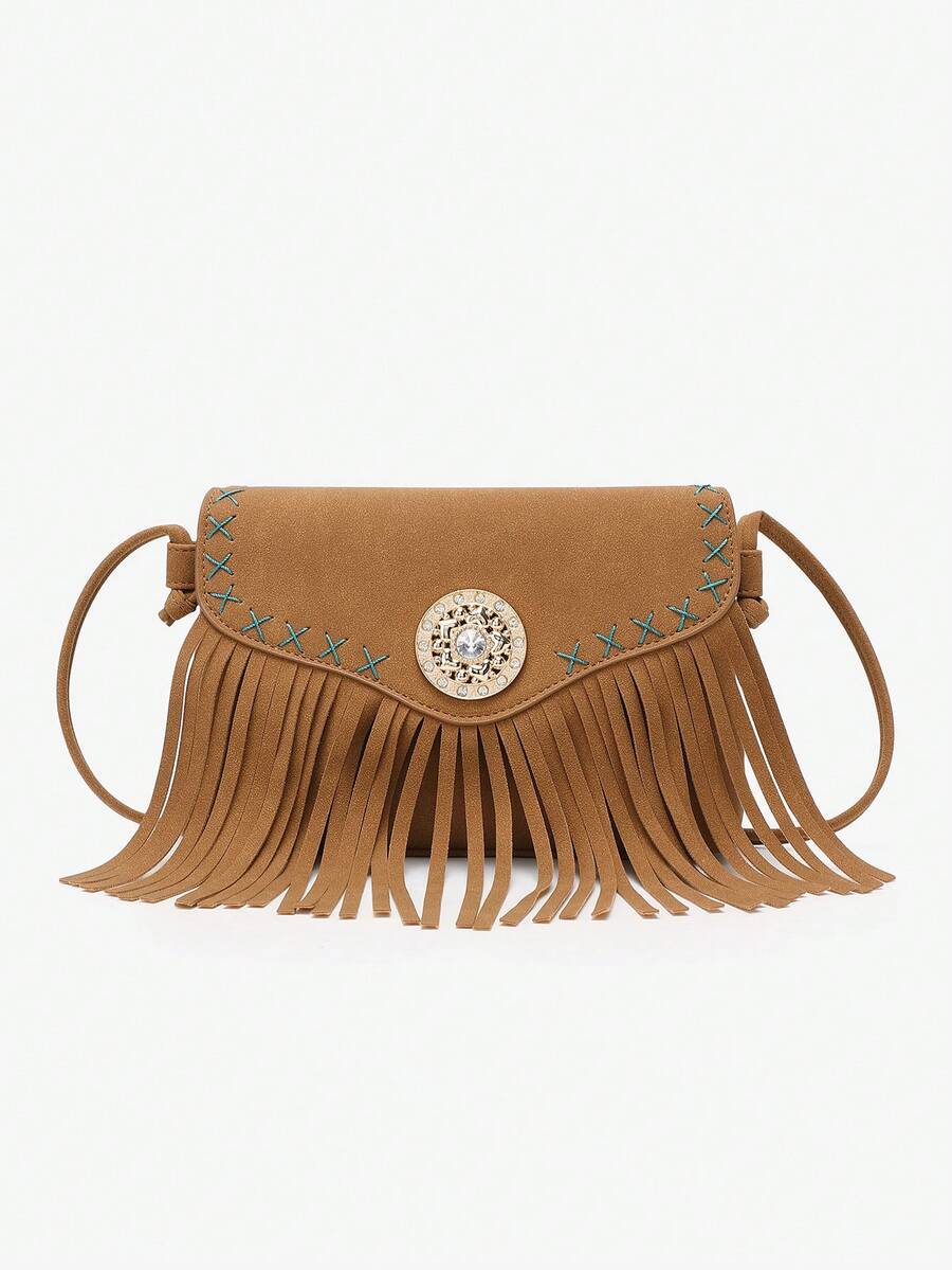 MIYIN Women's Fashion Envelope Style Bohemian Crossbody Bag, Faux Suede Flap With Rhinestone Decor And Tassel Small Handbag Shoulder Bag, Street Retro Personalized Tassel Multi-Layer Crossbody Bag, Suitable For Street, Party, Gathering, Western Style Occasions, Perfect For Rodeo Performance And Other Occasions.
