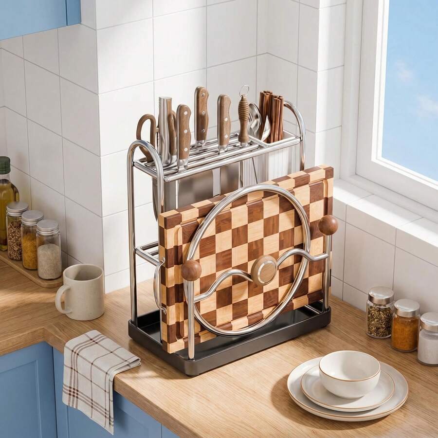 Stainless Steel Kitchen Knife Rack With Drip Tray, For Storing Knives, Cutting Boards, Pot Lids And Kitchen Utensils - Knife Holder With Drip Tray for Draining Water - View 1